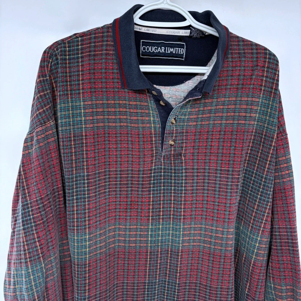 Vintage 90s Cougar Limited Plaid Polo Shirt Mens XL Long Sleeve Rugby Red Green‎